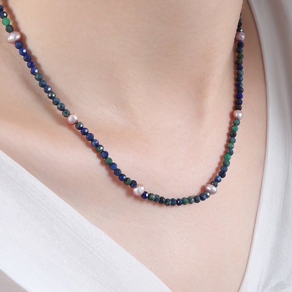 18K Gold Plated Lapis Necklace*Pink Pearl*Lapis Lazuli*Gemstone Necklace - Picture 4 of 8